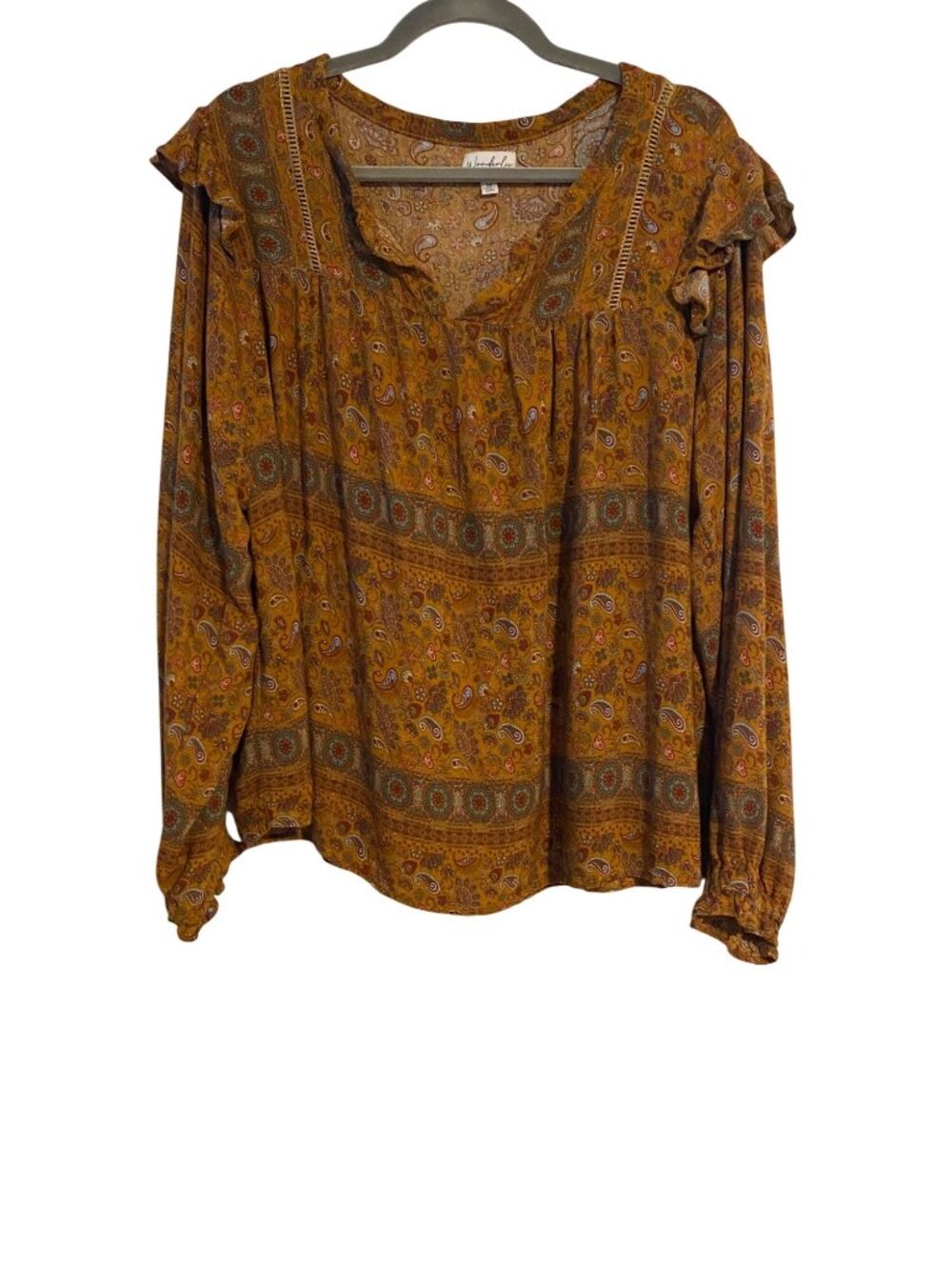 Wonderly Women's 3X Multicolor Top Boho Paisley Print Long Sleeve Tunic Peasant
